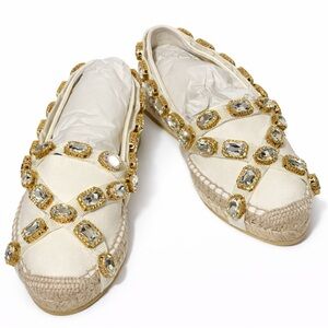 Gucci Pepita Crystal Embellished White Canvas Platform Espadrilles Size 38 EU